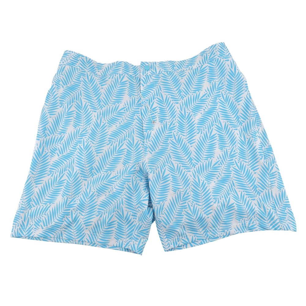 NEW GenTeal Palm Leaf Performance Swim Trunks Blue Mens Large MSR $95 Minor Flaw